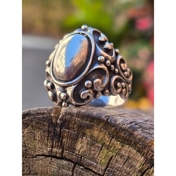 Vintage Solid Sterling Silver Oval Cabochon Ornate Ring & Earrings Set Ring SZ 8 - Picture 3 of 10